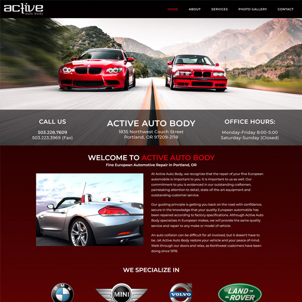 Screeshot of homepage of website for Active Auto Body in Porltand Oregon