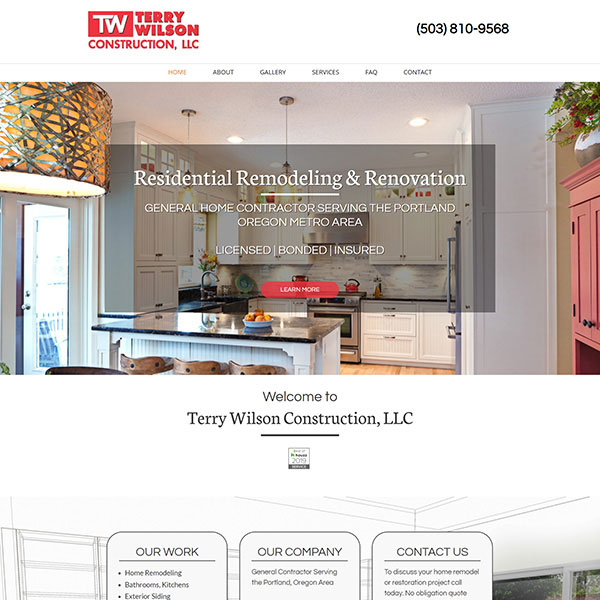 Screenshot of homepage of website for Terry Wilson Constructin LLC, general home contractor serving Portland Oregon metro area 